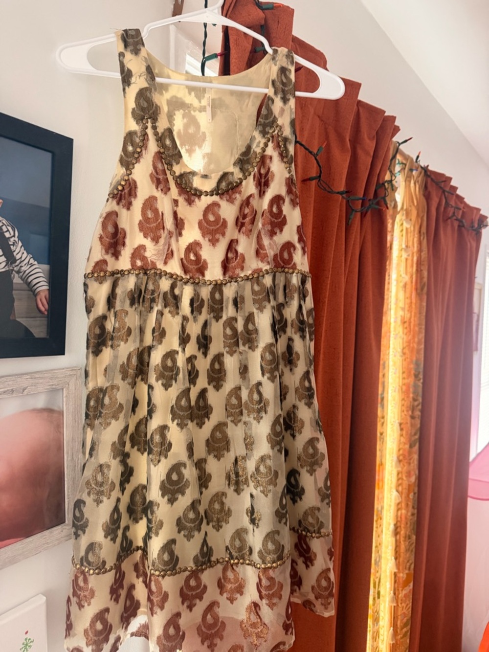 Free People Cream Sleeveless Mini Dress with Brown Rust Motif